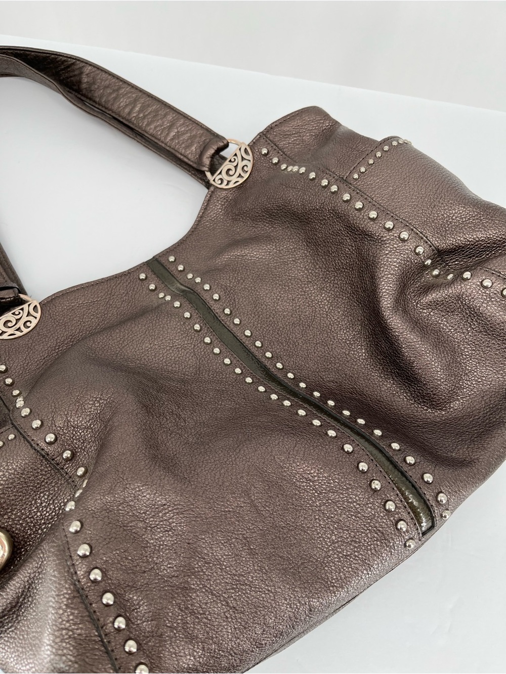 Brighton Metallic Bronze Leather Studded Shoulder Tote Bag Heart Charm L Hobo - Picture 3 of 12